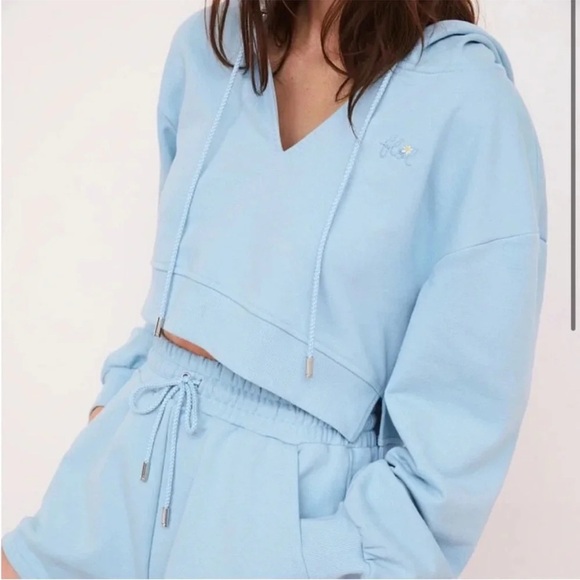 For Love & Lemons Harper Crop Hoodie Blue V‎ Neck Drawstring Sweatshirt Size M - Picture 1 of 13